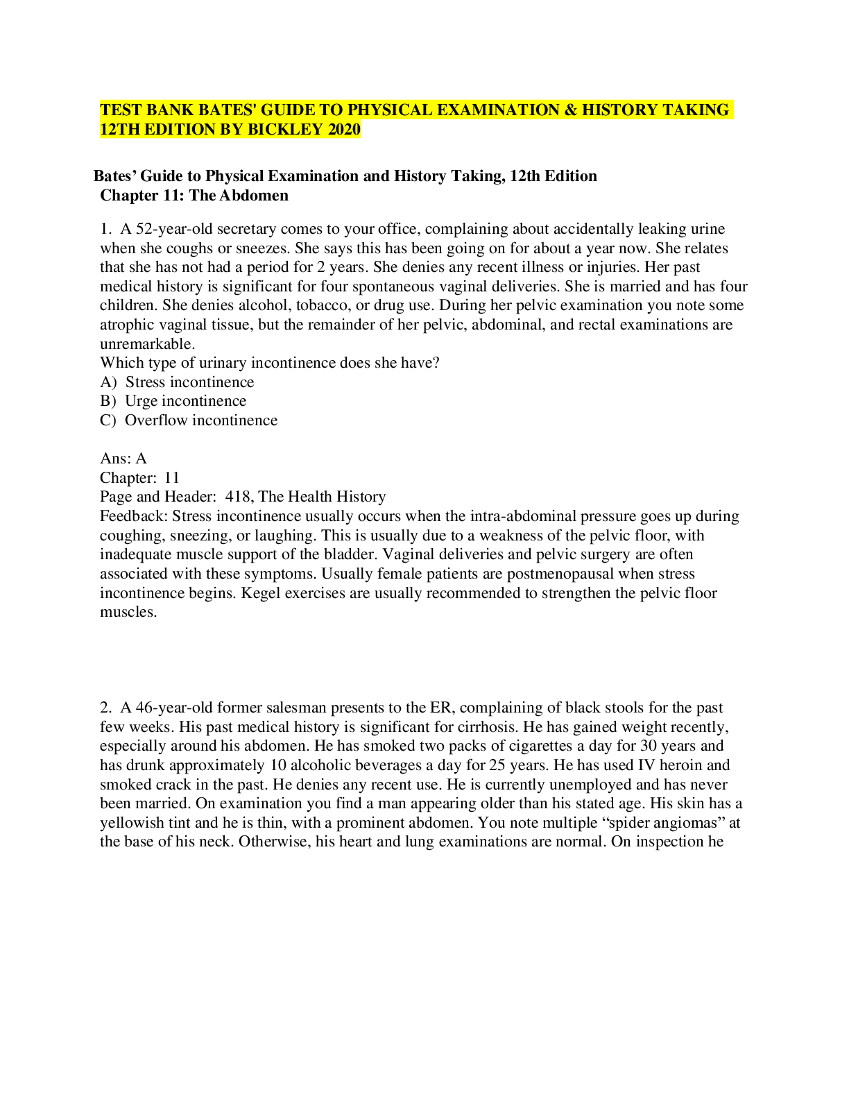 Preview of TEST BANK BATES' GUIDE TO PHYSICAL EXAMINATION & HISTORY TAKING 12TH EDITION BY BICKLEY 20